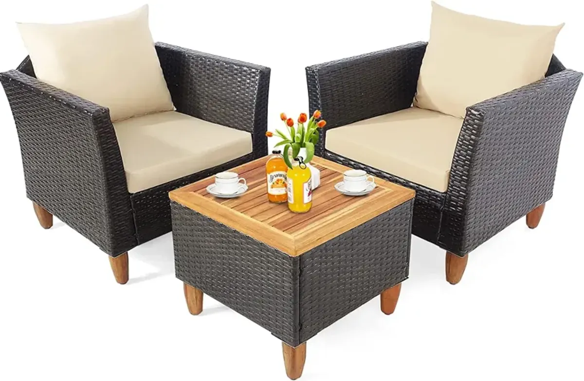 3 Pieces Patio Rattan Bistro Furniture Set with Wooden Table Top