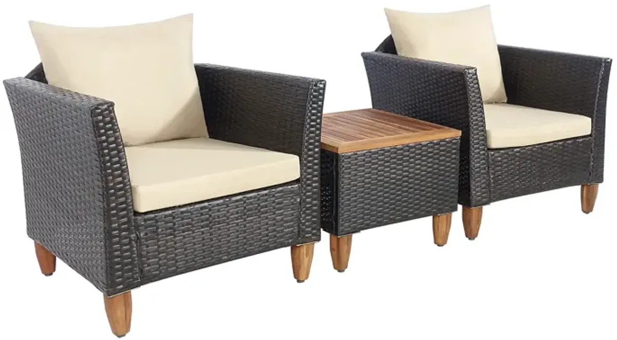 3 Pieces Patio Rattan Bistro Furniture Set with Wooden Table Top