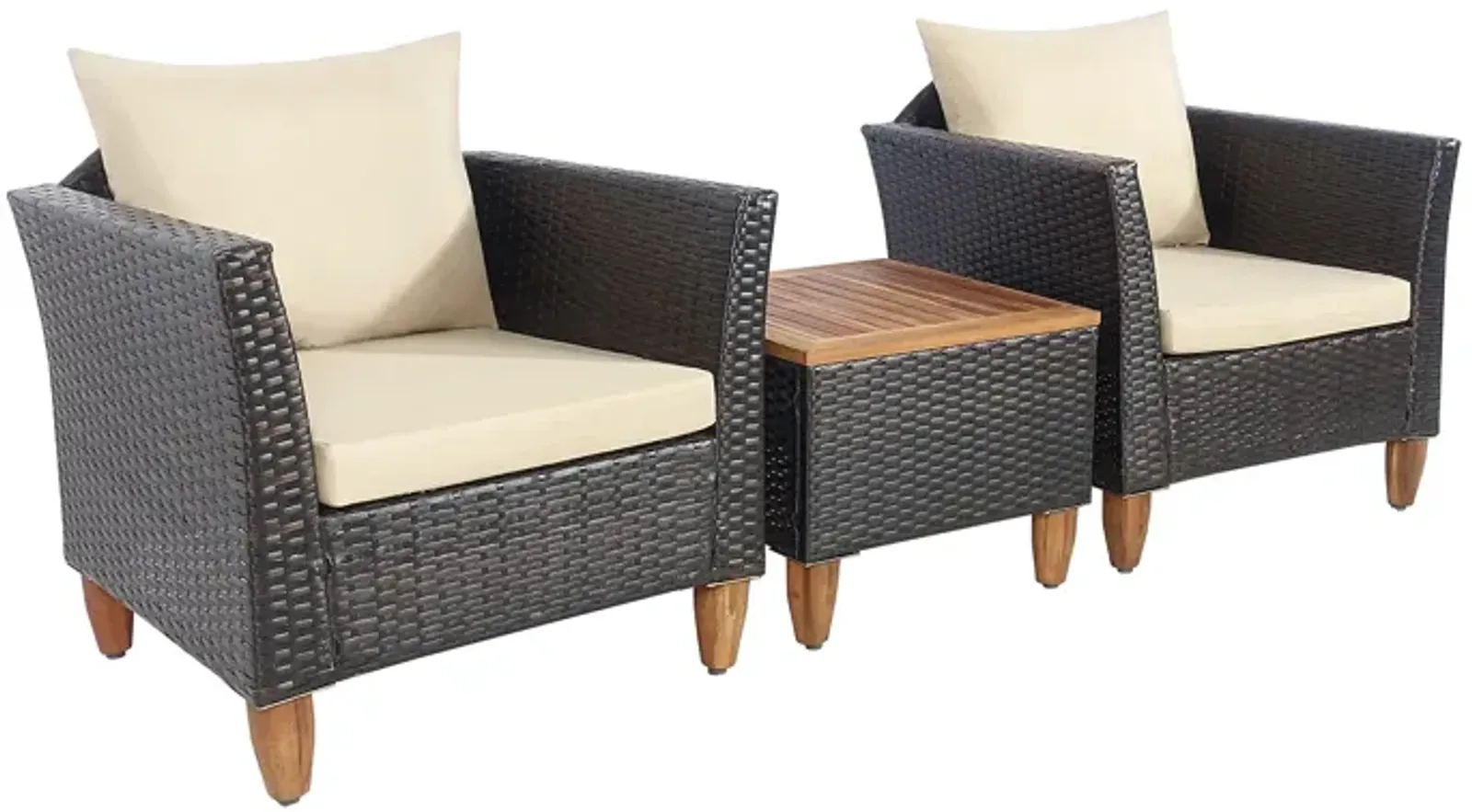 3 Pieces Patio Rattan Bistro Furniture Set with Wooden Table Top