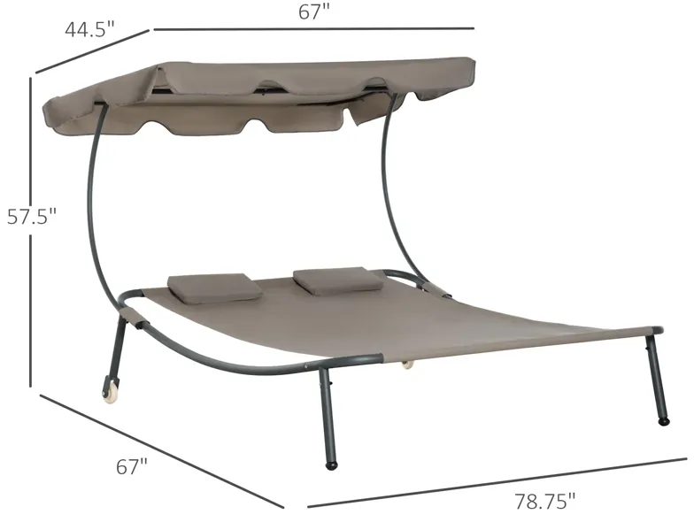 Brown Double Chaise Lounge with Canopy and Pillow, Outdoor Hammock Bed for Sun Room, Garden, Poolside