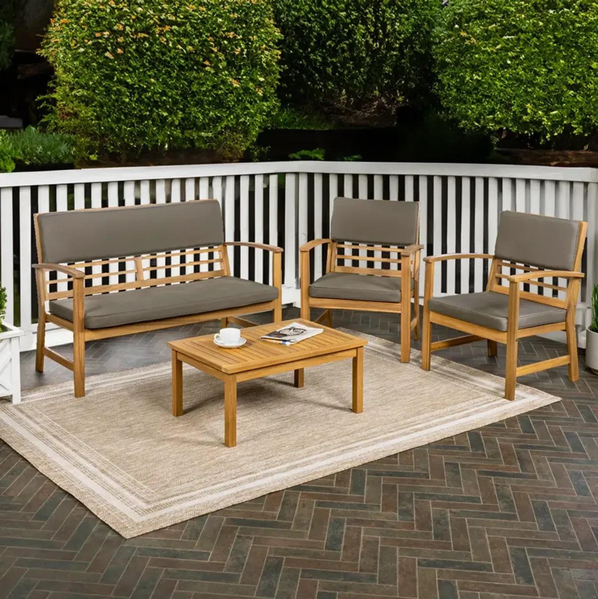 Barclay 4-Piece Modern Coastal Acacia Wood Conversation Outdoor Patio Set with Cushions