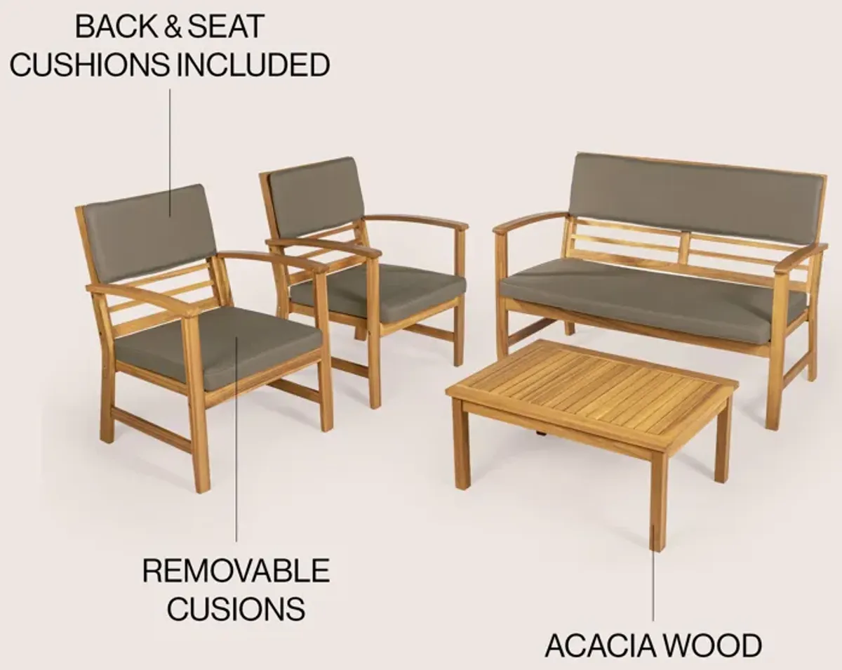 Barclay 4-Piece Modern Coastal Acacia Wood Conversation Outdoor Patio Set with Cushions