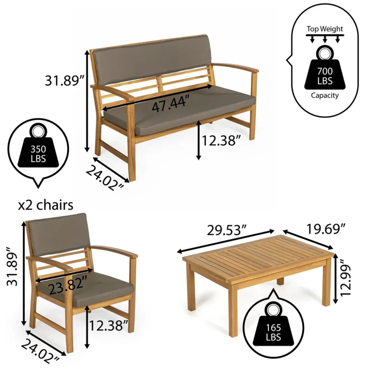 Barclay 4-Piece Modern Coastal Acacia Wood Conversation Outdoor Patio Set with Cushions