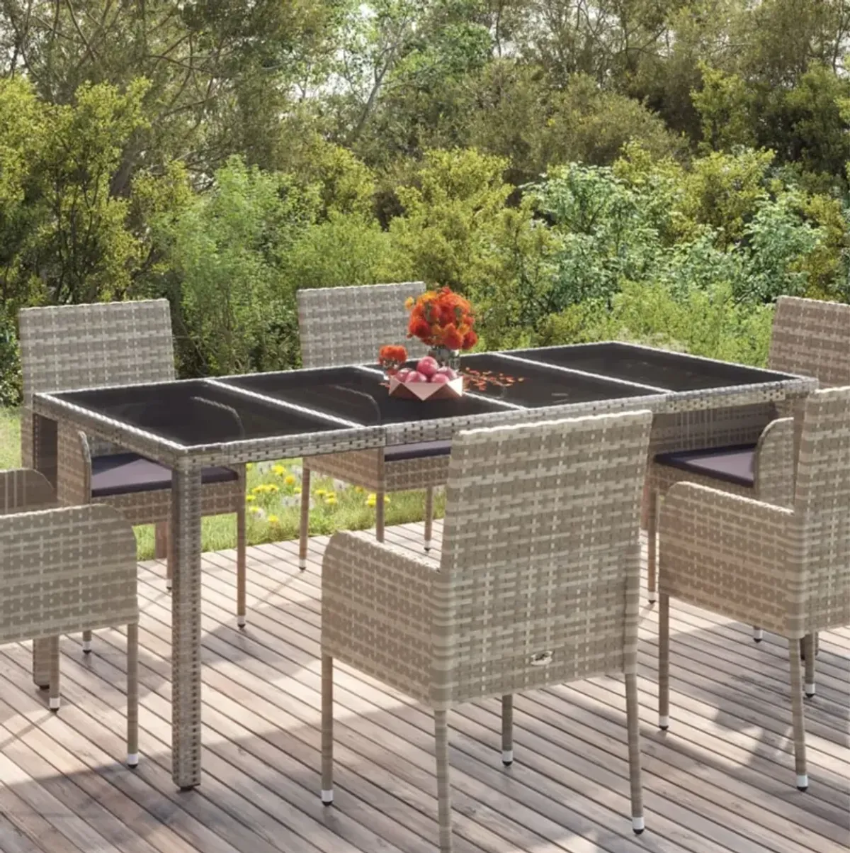 vidaXL Patio Table with Glass Top Gray 74.8"x35.4"x29.5" Poly Rattan