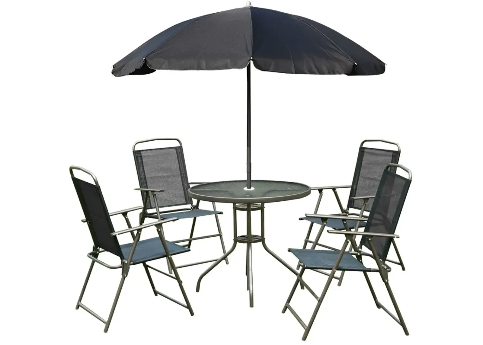 Black Outdoor Dining: 6-Piece Patio Set with Umbrella and Folding Chairs