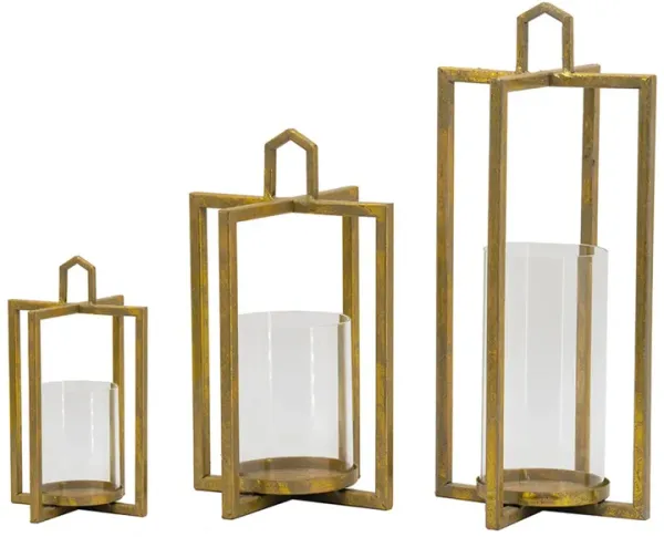 19, 15, 11 Inch Lanterns, Set of 3, Tea Light Glass Holders, Modern, Gold - Benzara