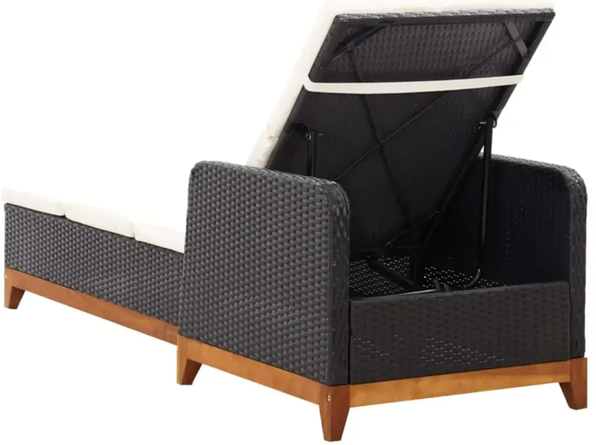 vidaXL Weather-Resistant Sun Lounger - Black Poly Rattan Outdoor Reclining Sunbed with Solid Acacia Wood Base and Removable Cushion