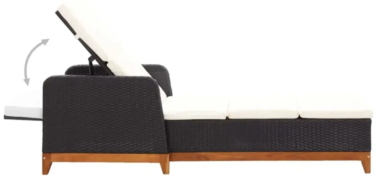 vidaXL Weather-Resistant Sun Lounger - Black Poly Rattan Outdoor Reclining Sunbed with Solid Acacia Wood Base and Removable Cushion