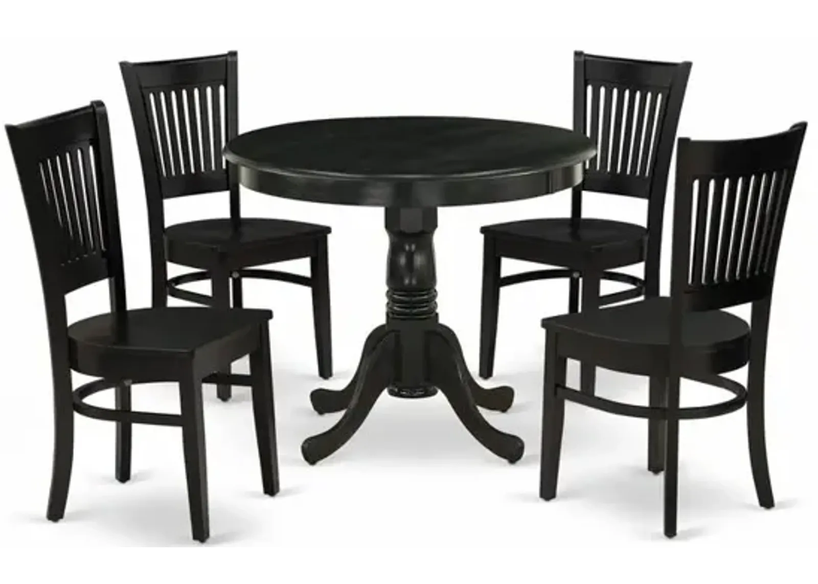 East West Furniture 5-Pc Dining Room Table Set- 4 dining room chairs and Dining Room Table - Wooden Seat and Slatted Chair Back (Black Finish)