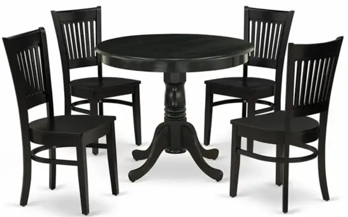 East West Furniture 5-Pc Dining Room Table Set- 4 dining room chairs and Dining Room Table - Wooden Seat and Slatted Chair Back (Black Finish)