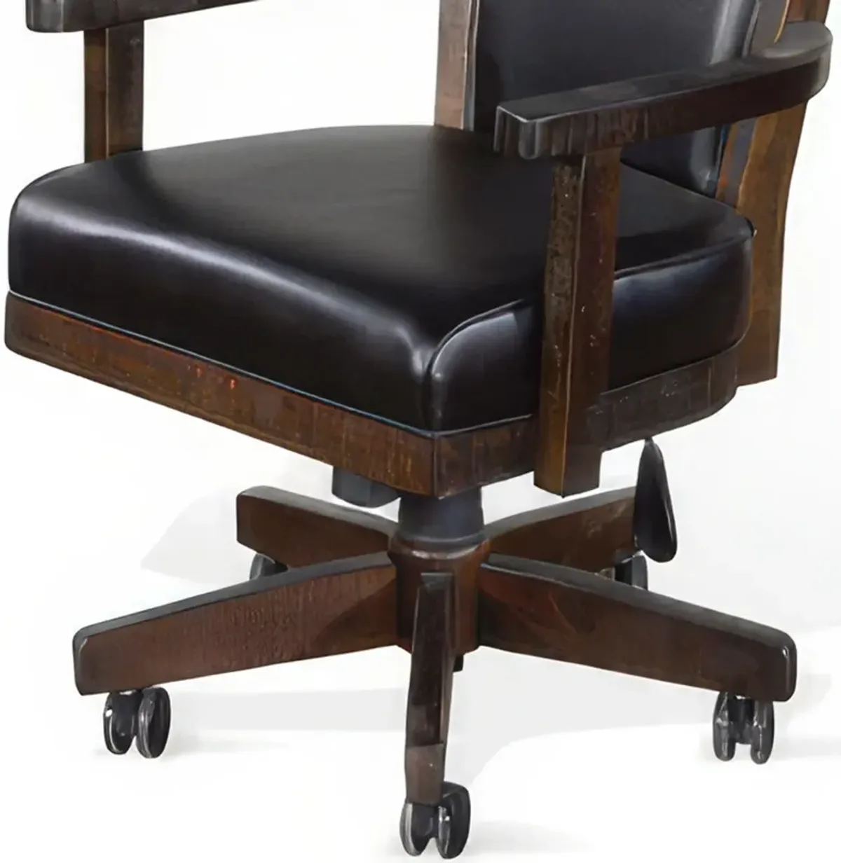 Flint Rolling Swivel Game Chair, Black Faux Leather, Dark Brown Wood - Benzara