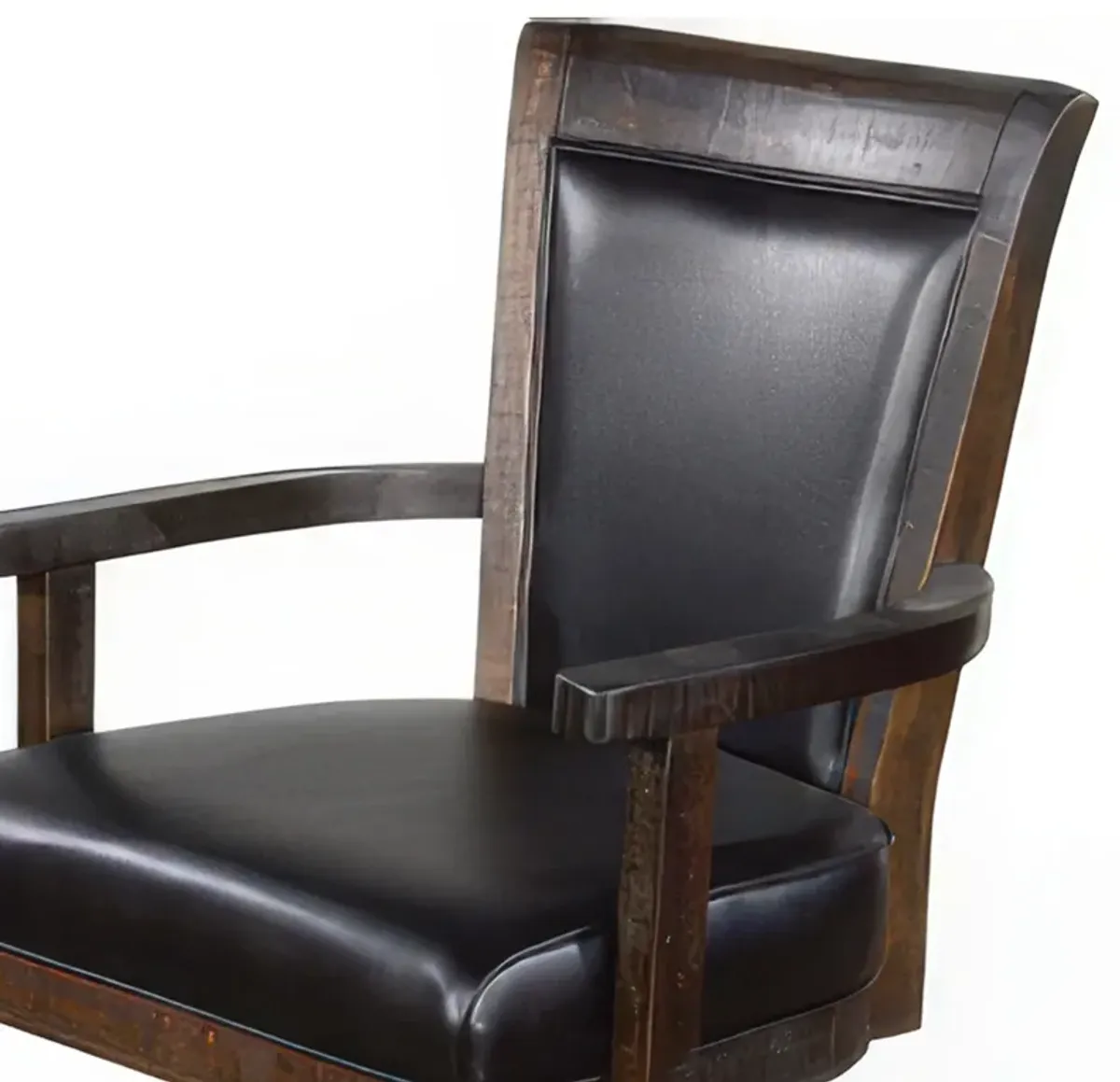 Flint Rolling Swivel Game Chair, Black Faux Leather, Dark Brown Wood - Benzara