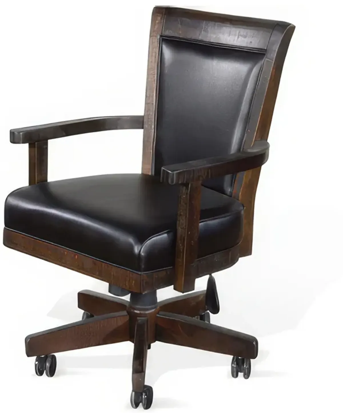 Flint Rolling Swivel Game Chair, Black Faux Leather, Dark Brown Wood - Benzara