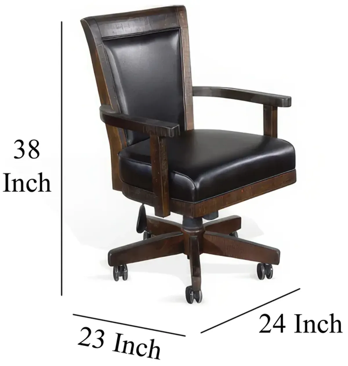 Flint Rolling Swivel Game Chair, Black Faux Leather, Dark Brown Wood - Benzara