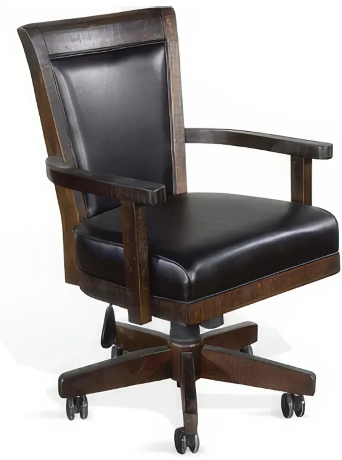 Flint Rolling Swivel Game Chair, Black Faux Leather, Dark Brown Wood - Benzara