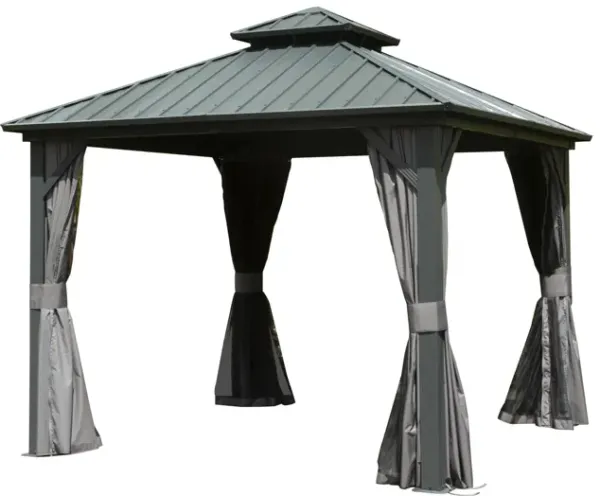 MONDAWE Outdoor 10 x 10 ft Hardtop Gazebo Aluminum Frame Permanent Galvanized Steel Double Roof Canopy with Curtain and Netting Parties, Wedding, Outdoor Dining