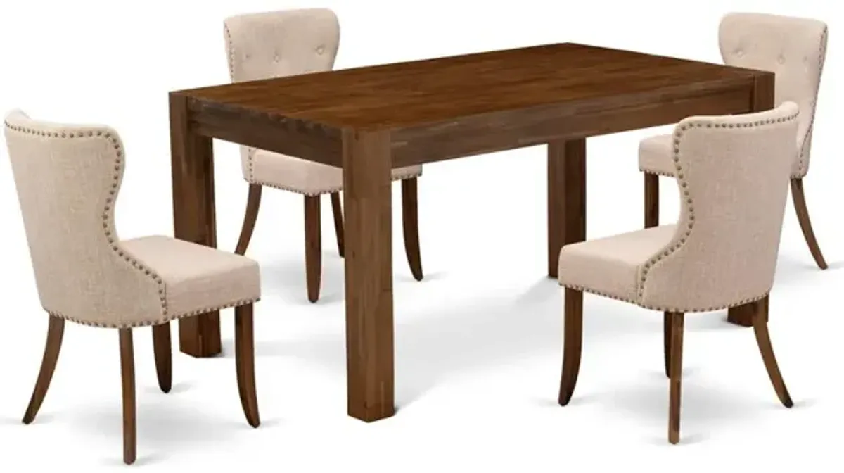 East West Furniture CNSI5-N8-04 5-Pc Dining Room Table Set- 4 Parson Dining Chairs with Light Tan Linen Fabric Seat and Button Tufted Chair Back - Rectangular Table Top & Wooden 4 Legs - Antique Walnu