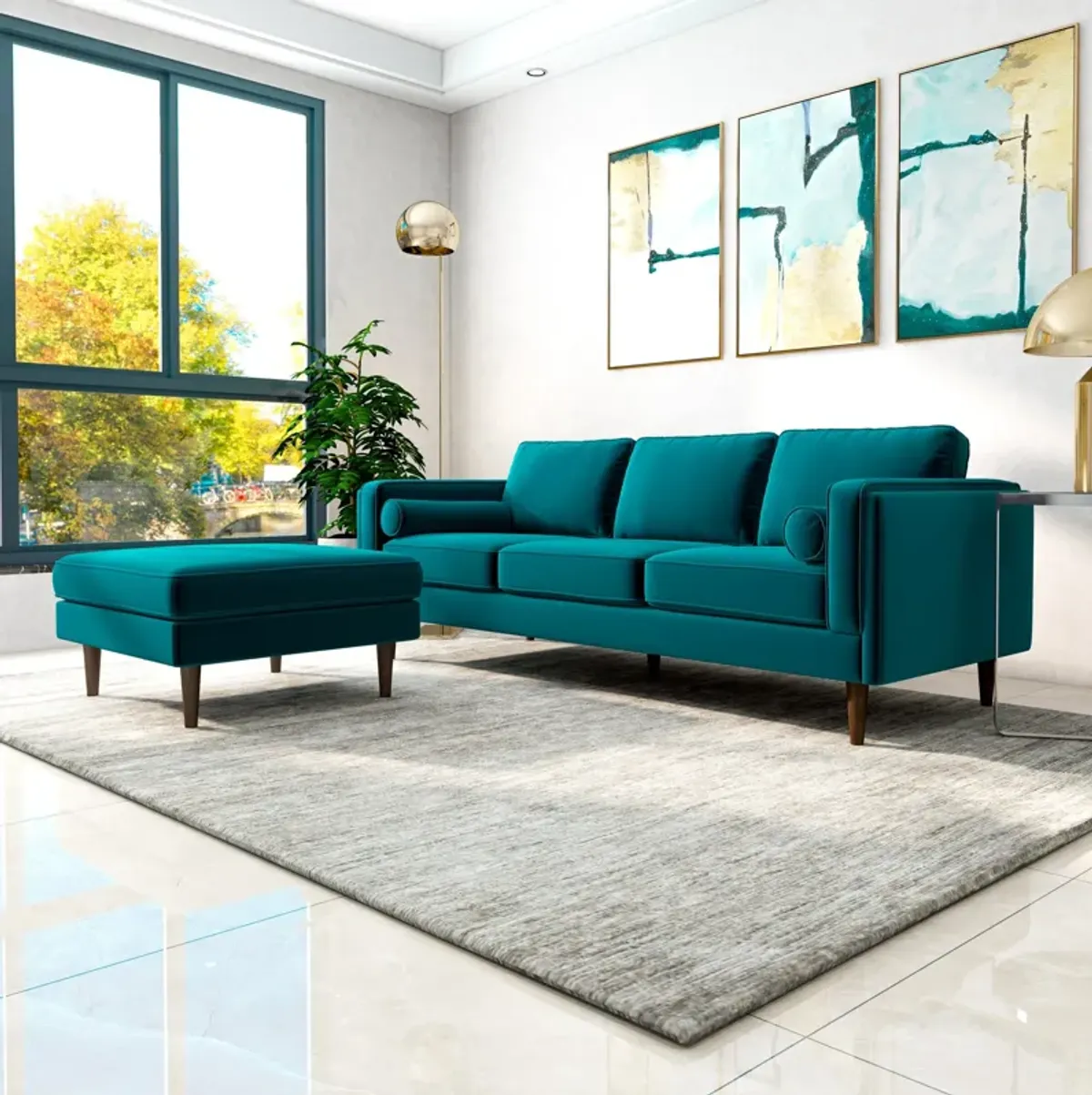 Fordham Teal Velvet Ottoman