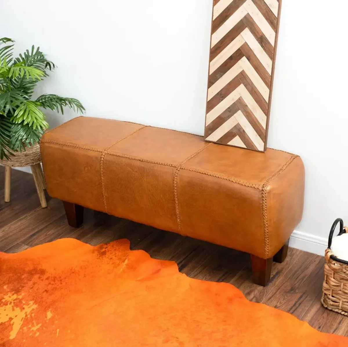 Moicor Tan Leather Modern Living Room Bench