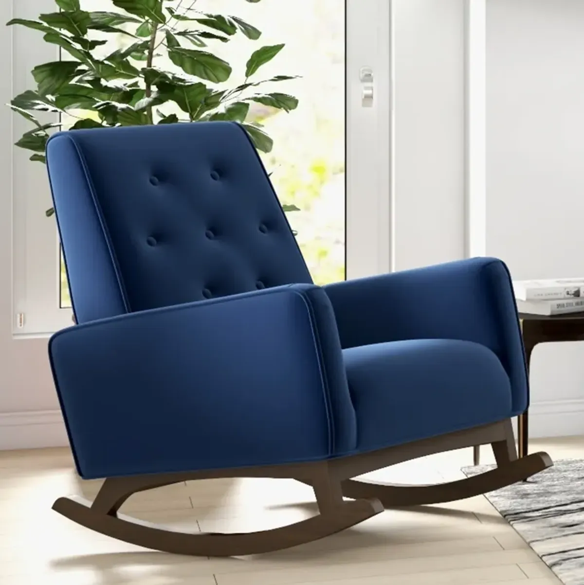 Windsor Dark Blue Velvet Fabric Rocking Chair