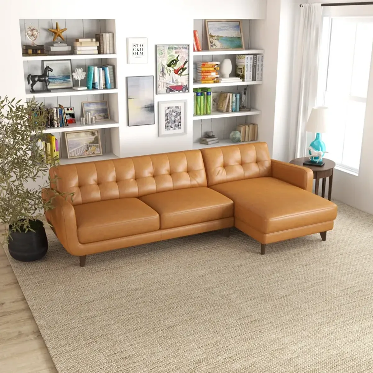 Cassie Tan Leather Sectional Sofa Right Facing Chaise