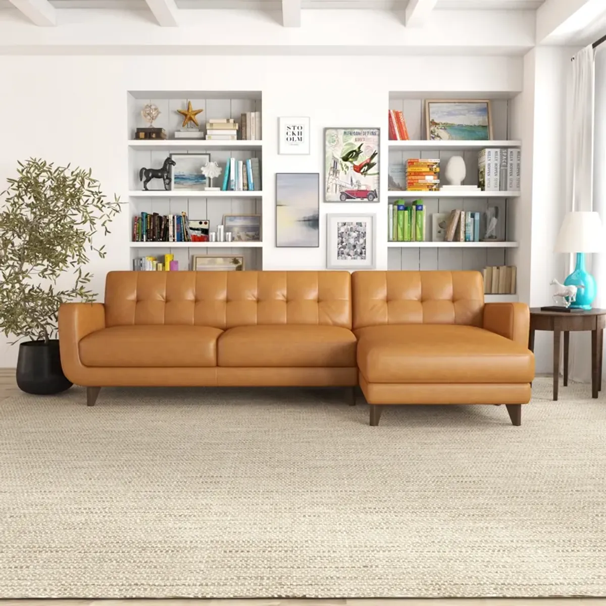 Cassie Tan Leather Sectional Sofa Right Facing Chaise