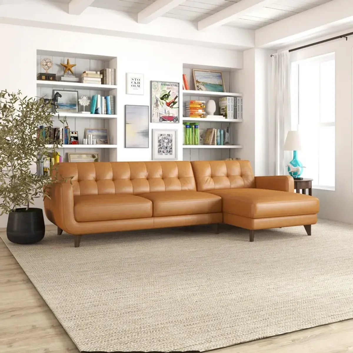 Cassie Tan Leather Sectional Sofa Right Facing Chaise