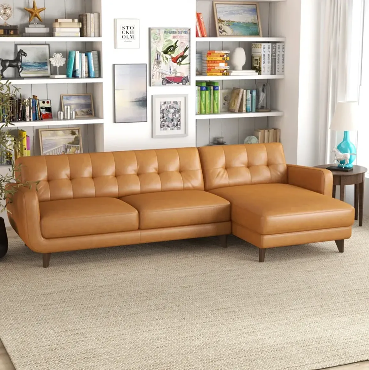 Cassie Tan Leather Sectional Sofa Right Facing Chaise