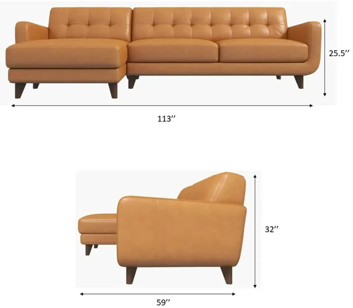 Cassie Tan Leather Sectional Sofa Right Facing Chaise