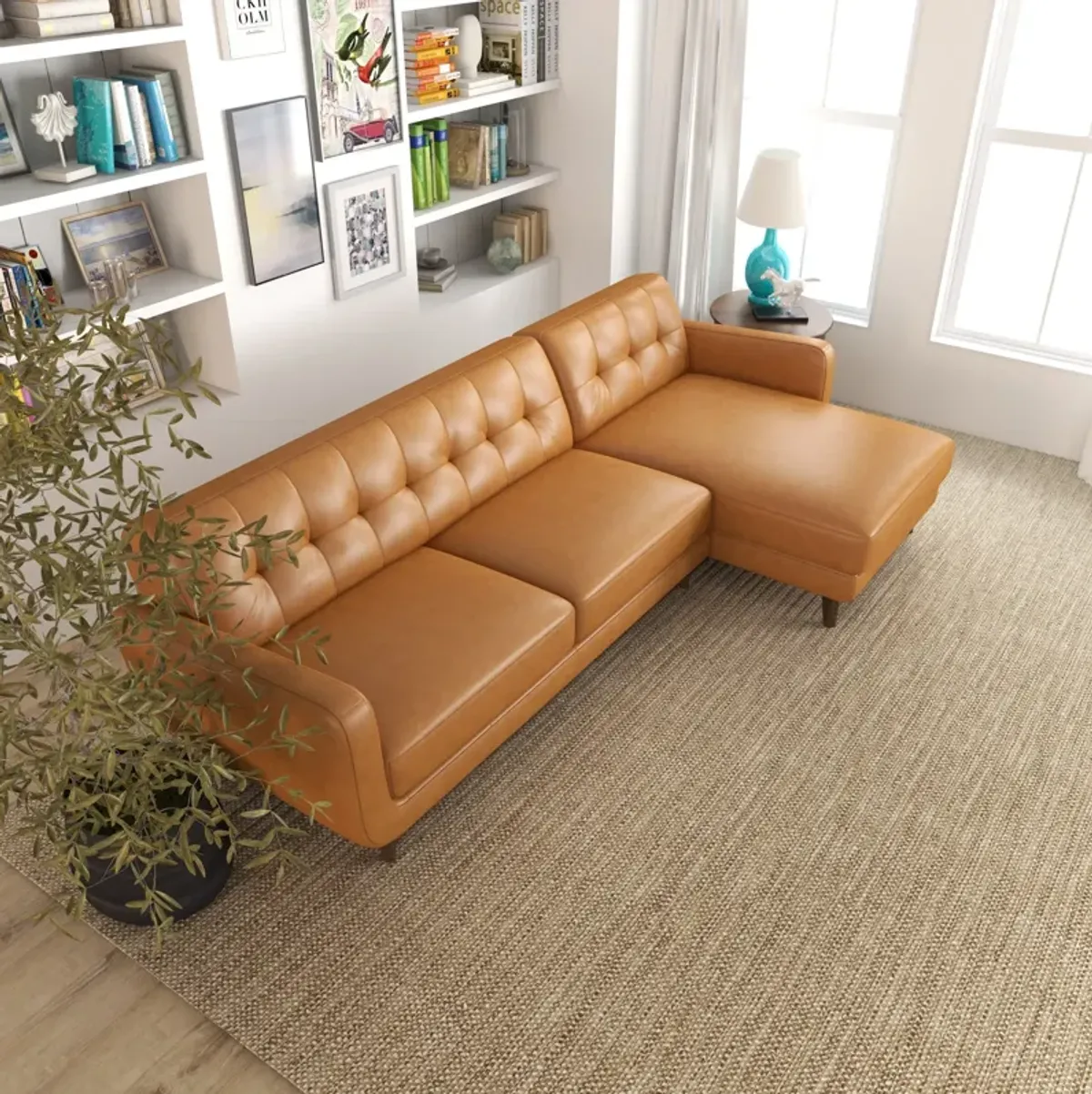 Cassie Tan Leather Sectional Sofa Right Facing Chaise