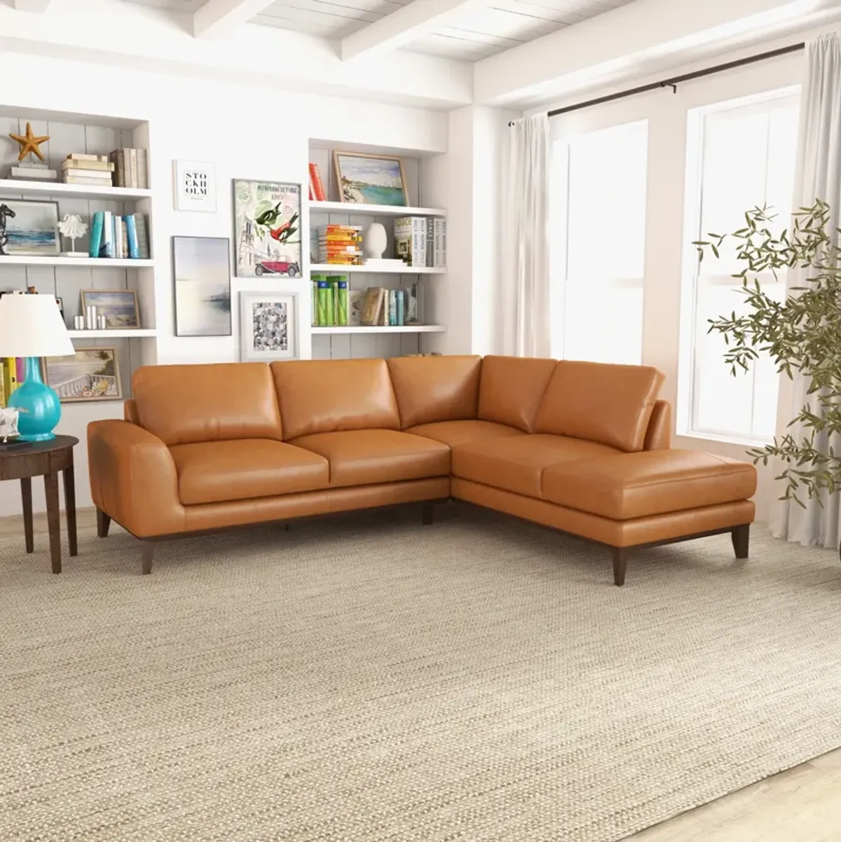 Mayfair Tan Leather Right Sectional Sofa