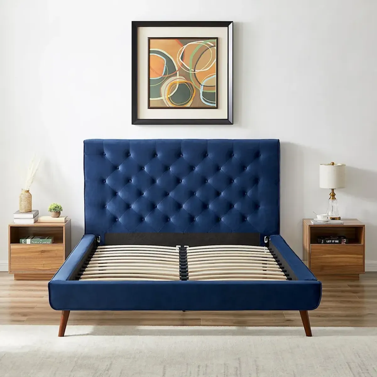 Ashley Queen Navy Blue Velvet Platform Bed