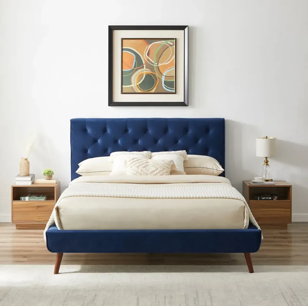 Ashley Queen Navy Blue Velvet Platform Bed