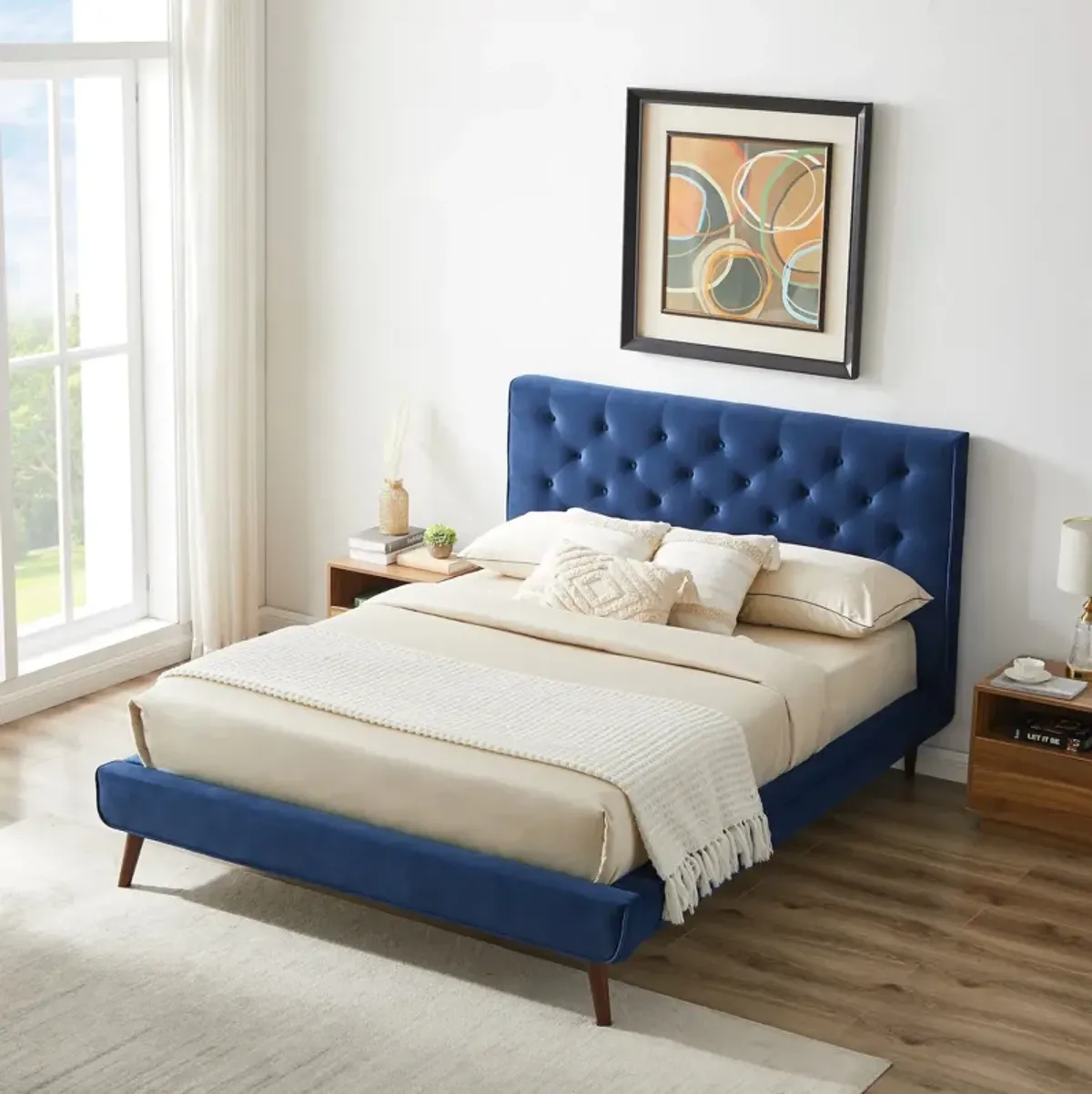 Ashley Queen Navy Blue Velvet Platform Bed