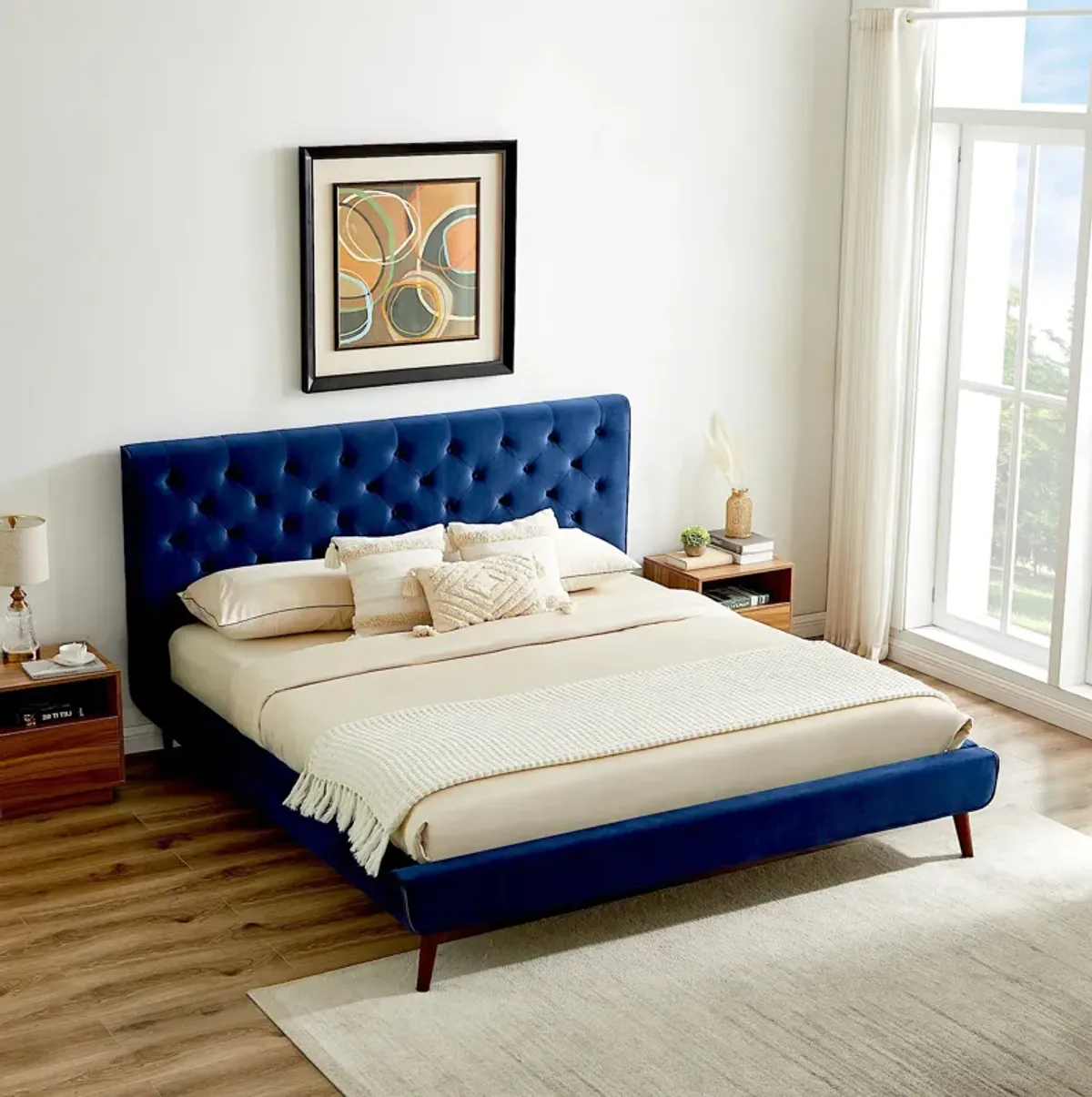 Ashley King Navy Blue Velvet Platform Bed