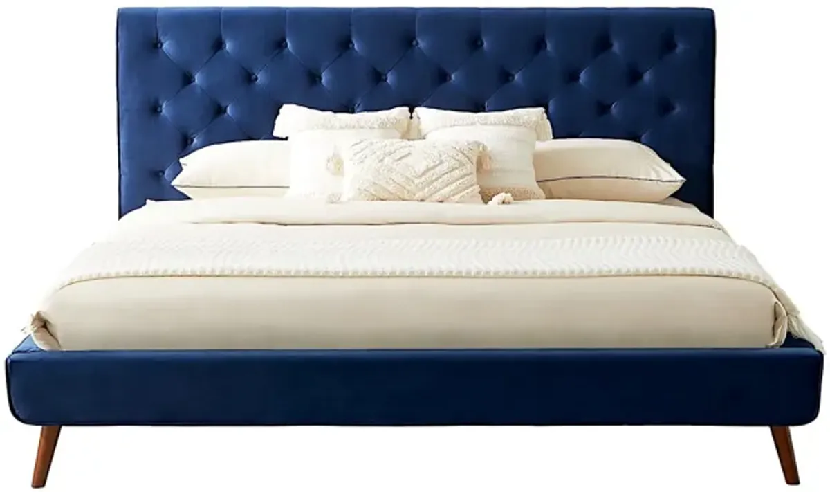 Ashley King Navy Blue Velvet Platform Bed