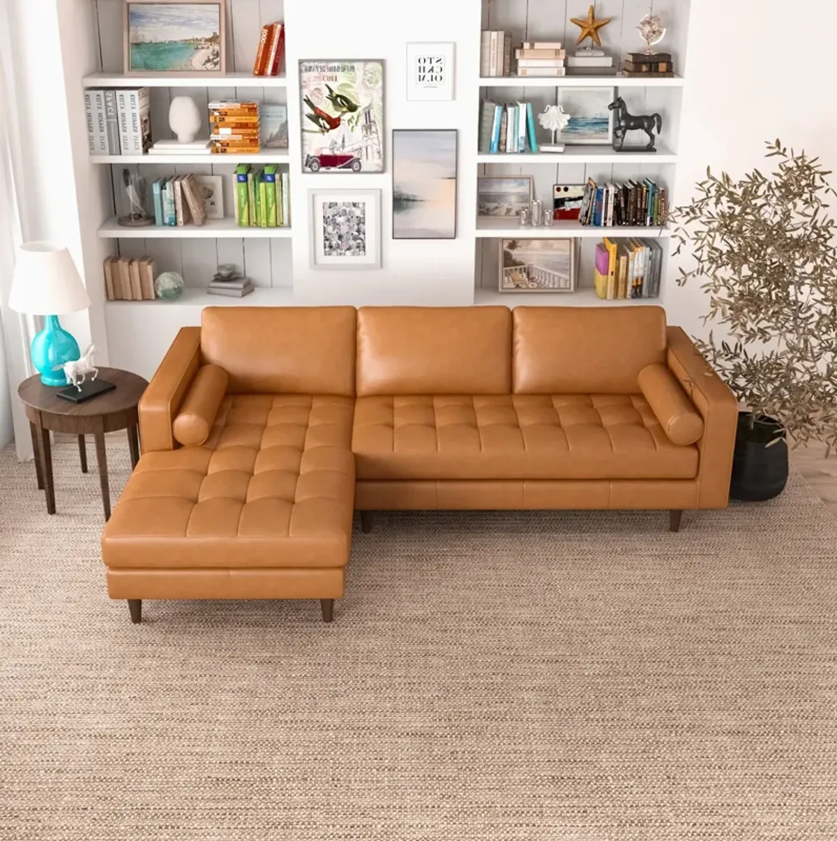 Daphne Tan Leather L Shape Corner Sofa Left Facing Chaise