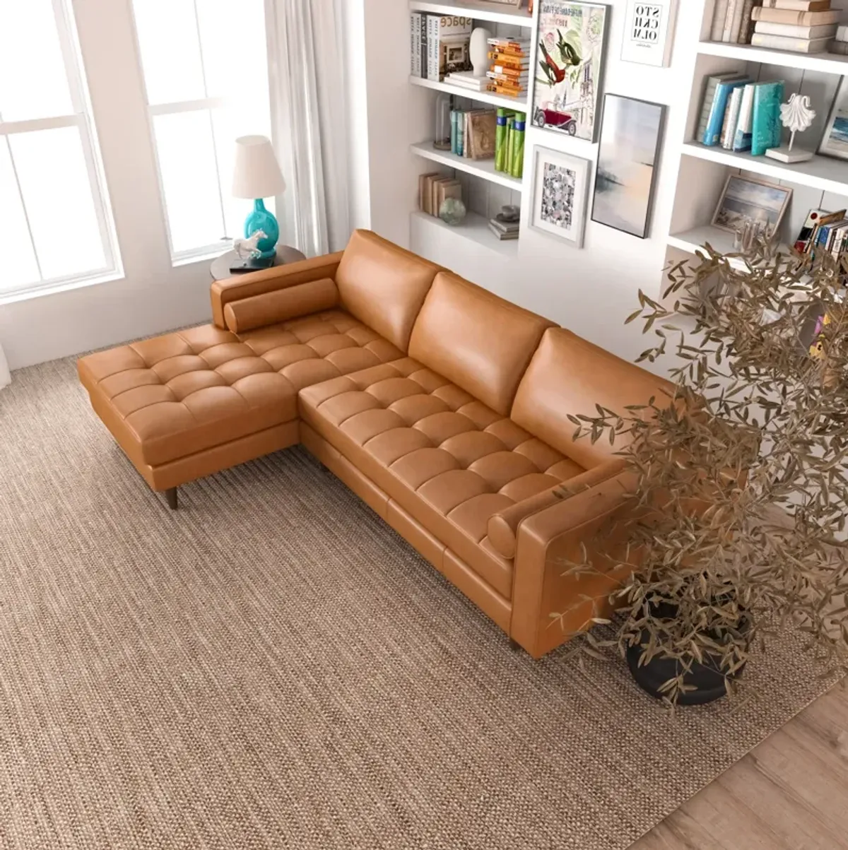 Daphne Tan Leather L Shape Corner Sofa Left Facing Chaise