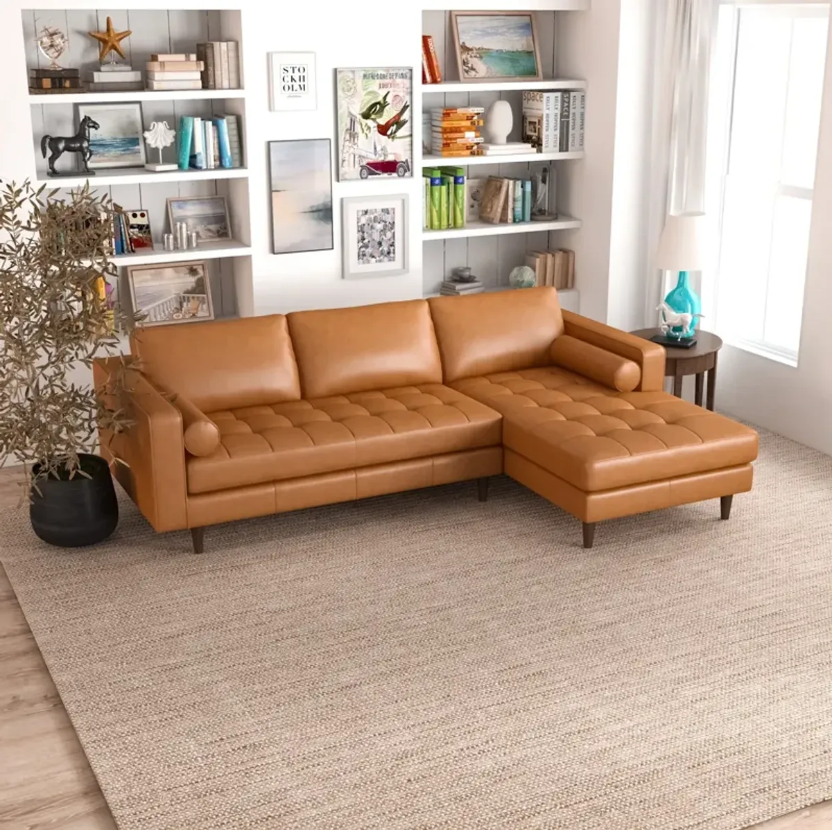 Daphne Tan Leather L Shape Corner Sofa Right Facing Chaise