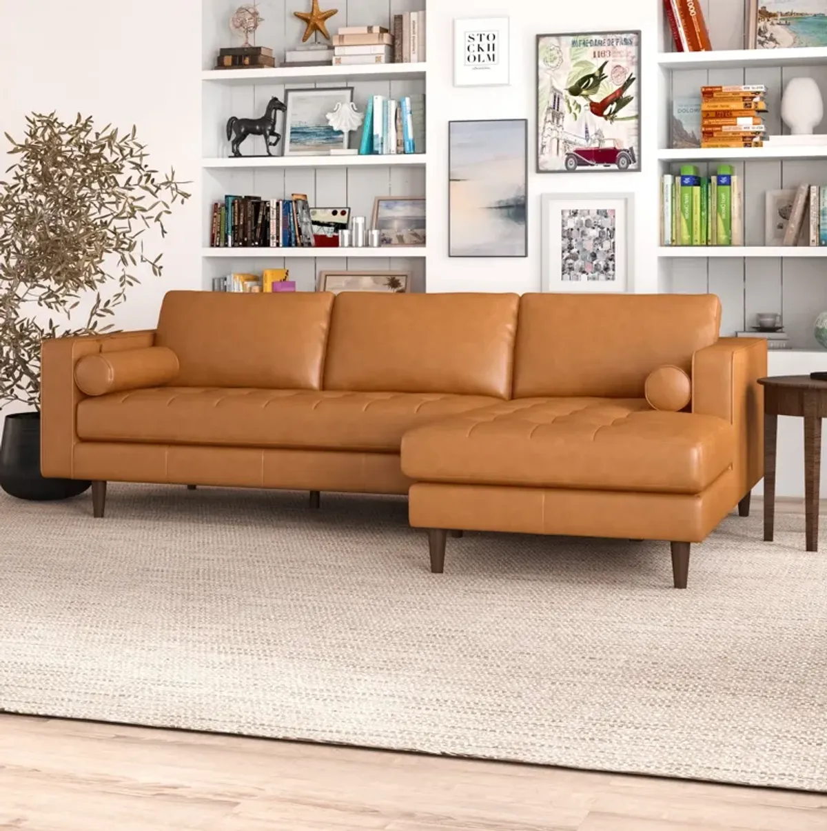 Daphne Tan Leather L Shape Corner Sofa Right Facing Chaise