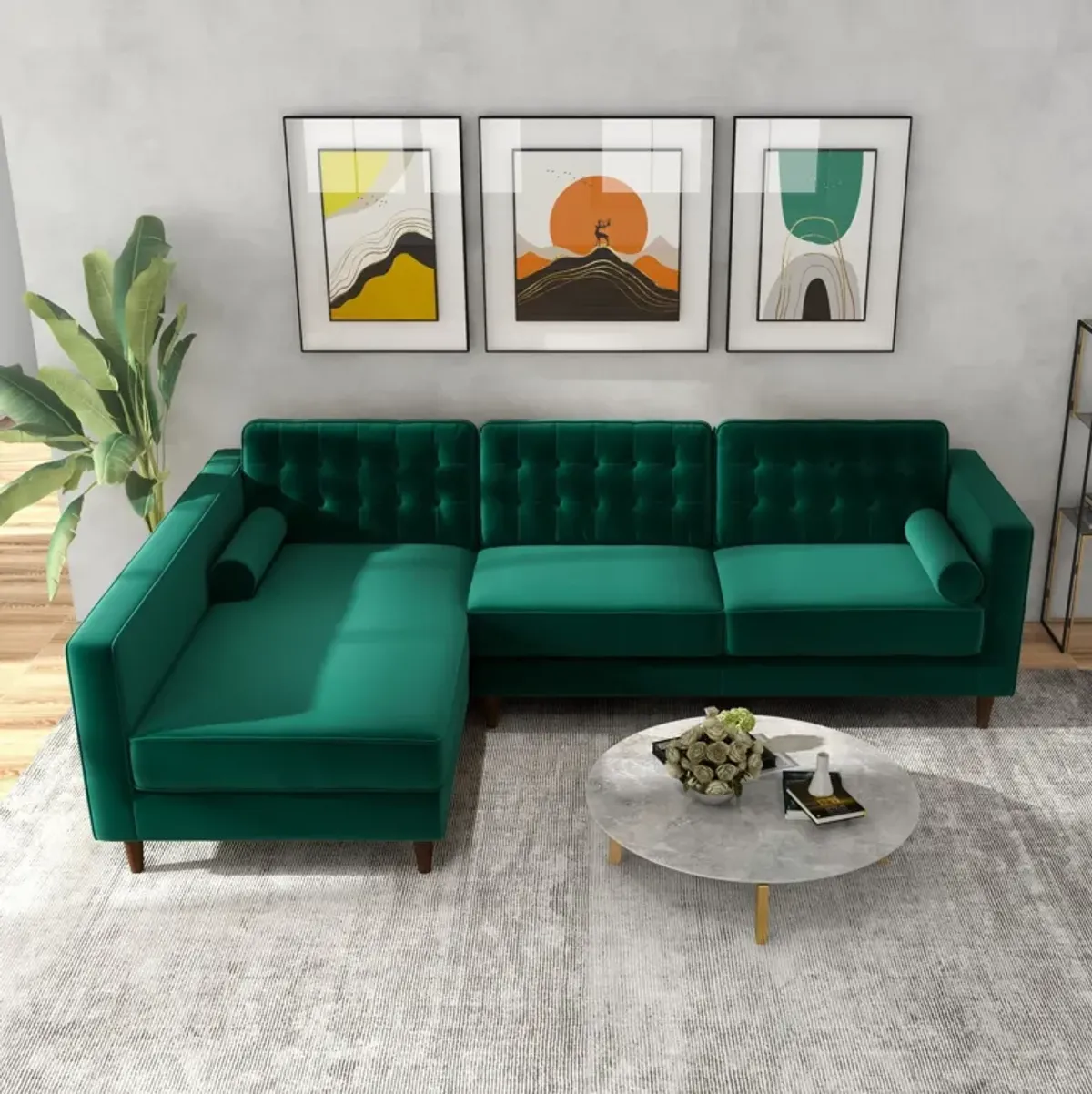 Olson Green Velvet Sectional Sofa Left Chaise