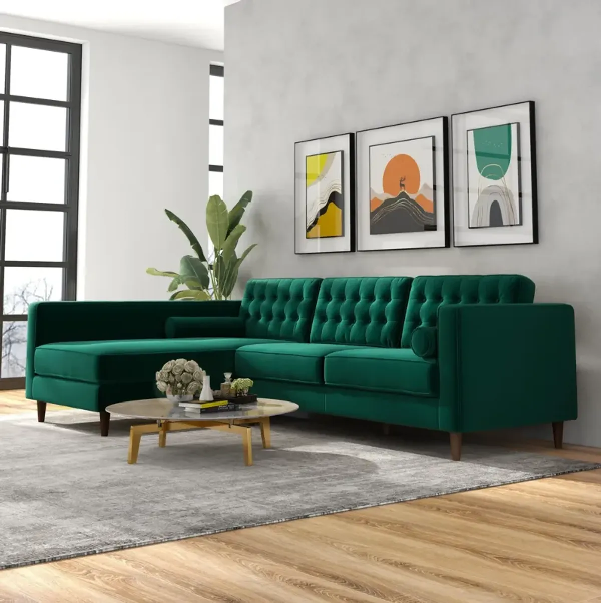 Olson Green Velvet Sectional Sofa Left Chaise