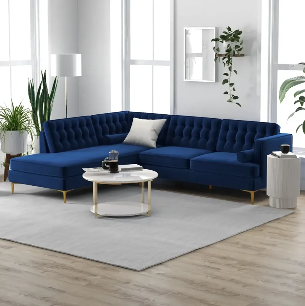 Caleb Blue Velvet Sectional Sofa Left Facing Chaise