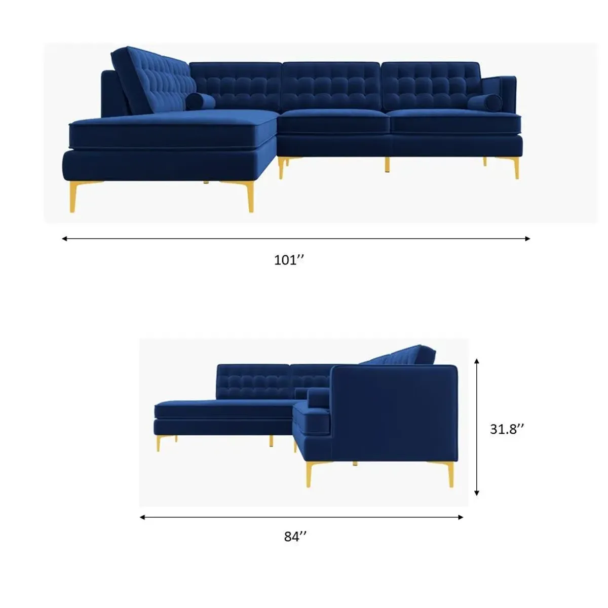 Caleb Blue Velvet Sectional Sofa Left Facing Chaise