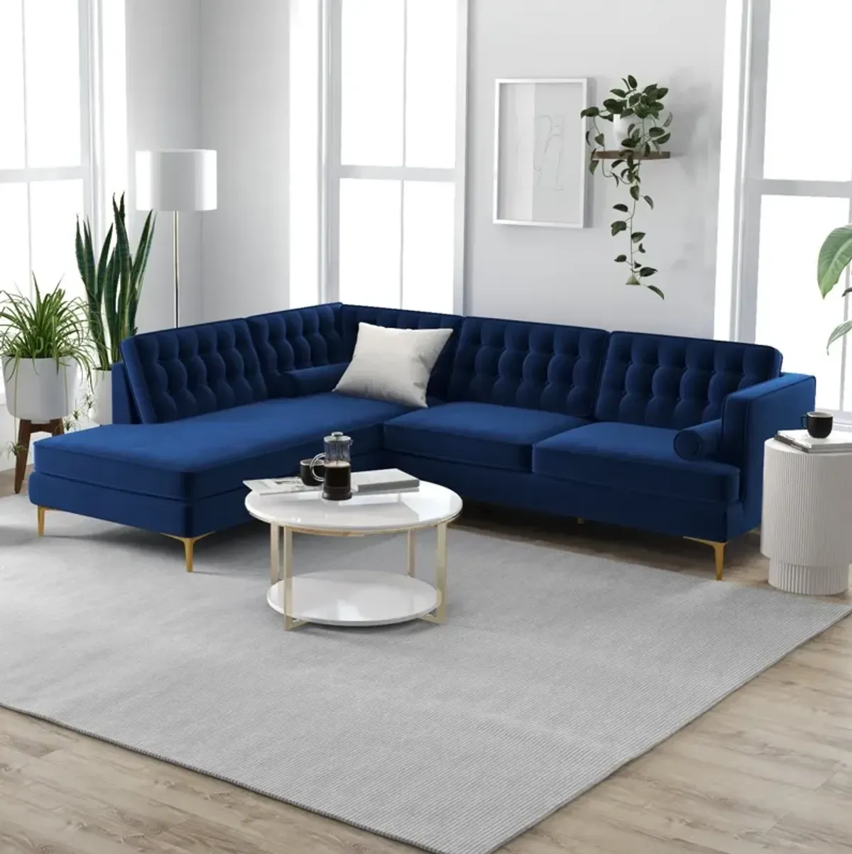 Caleb Blue Velvet Sectional Sofa Left Facing Chaise