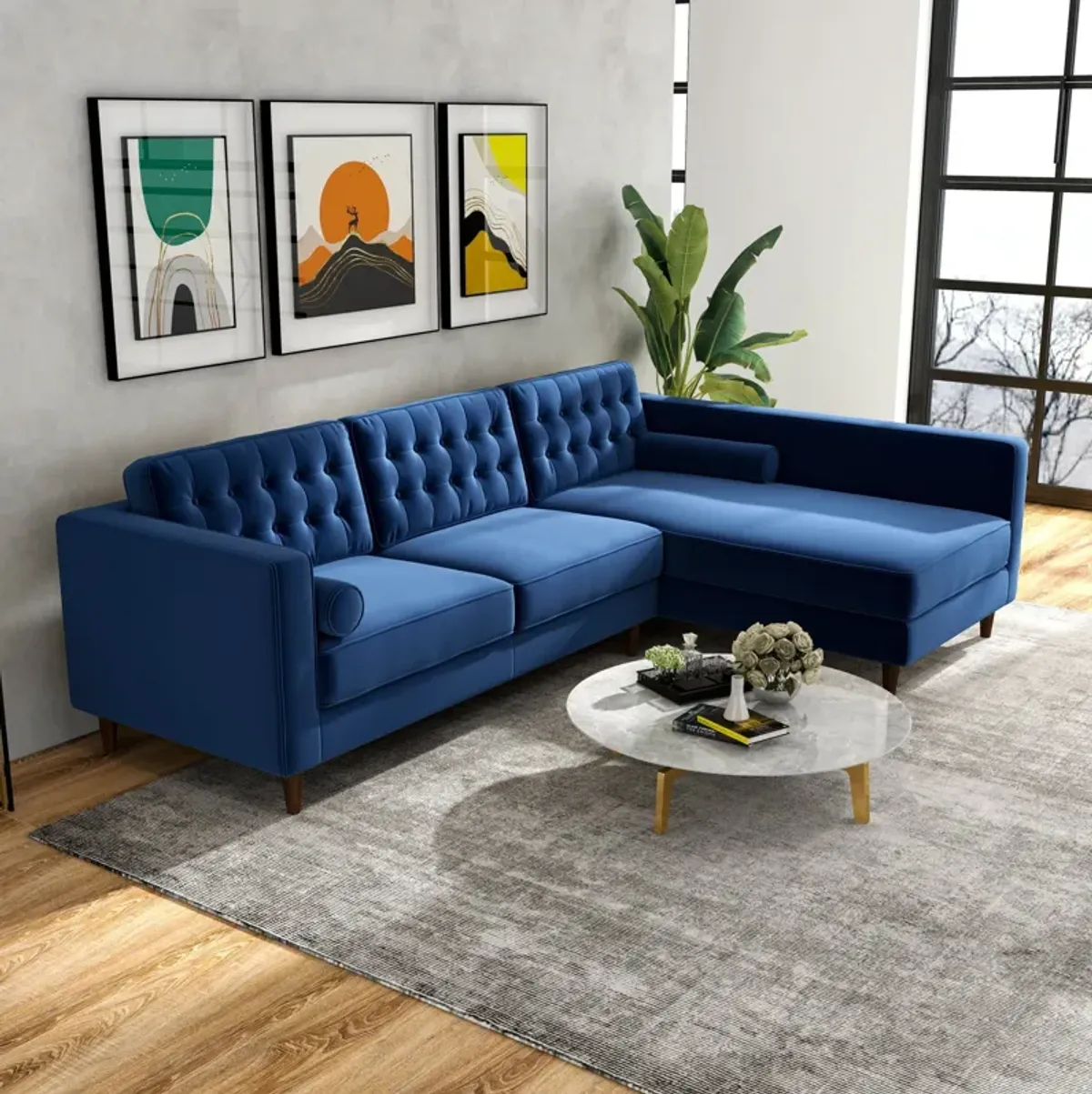 Olson Midnight Blue Velvet Sectional Sofa Right Chaise