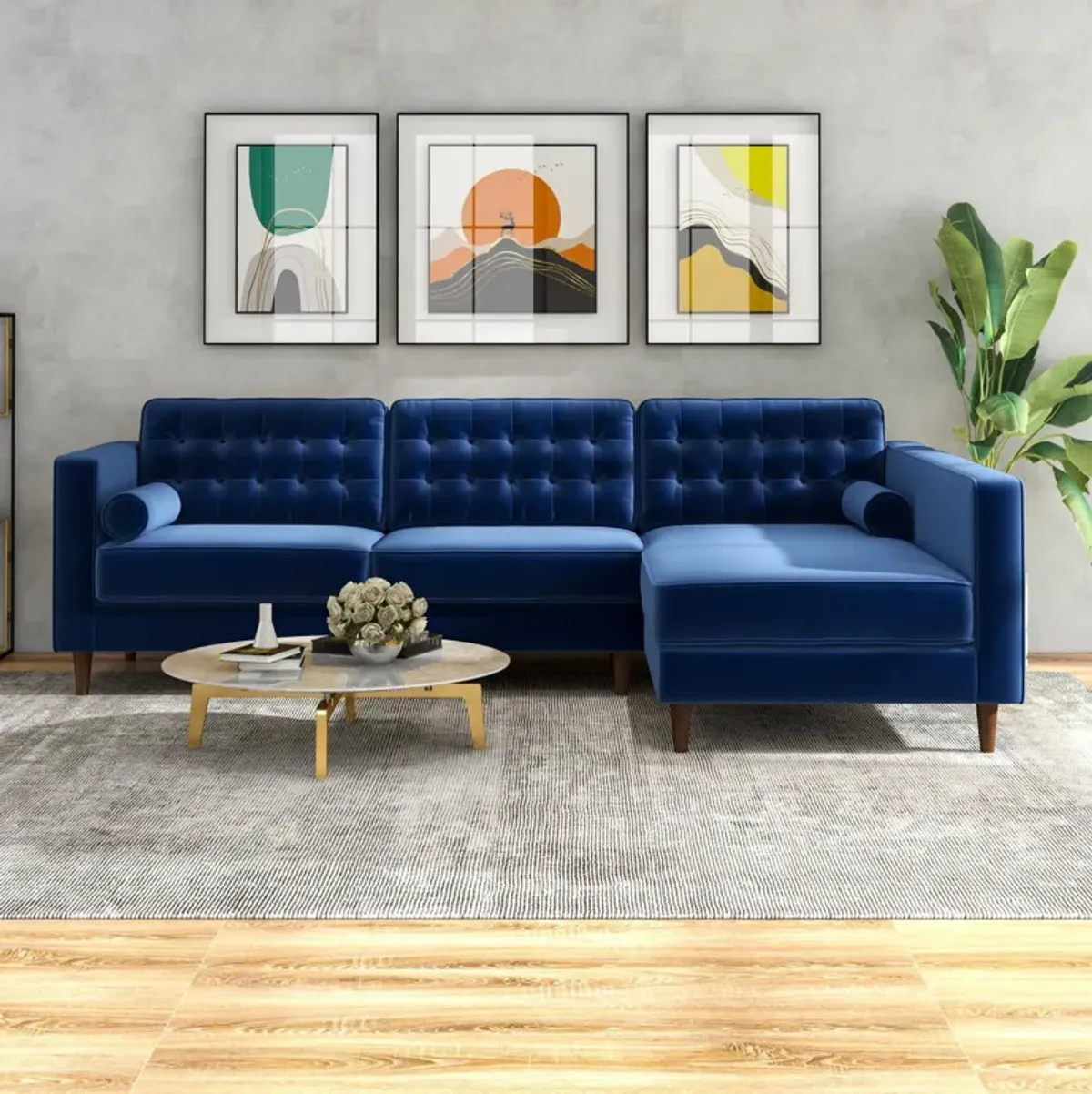 Olson Midnight Blue Velvet Sectional Sofa Right Chaise