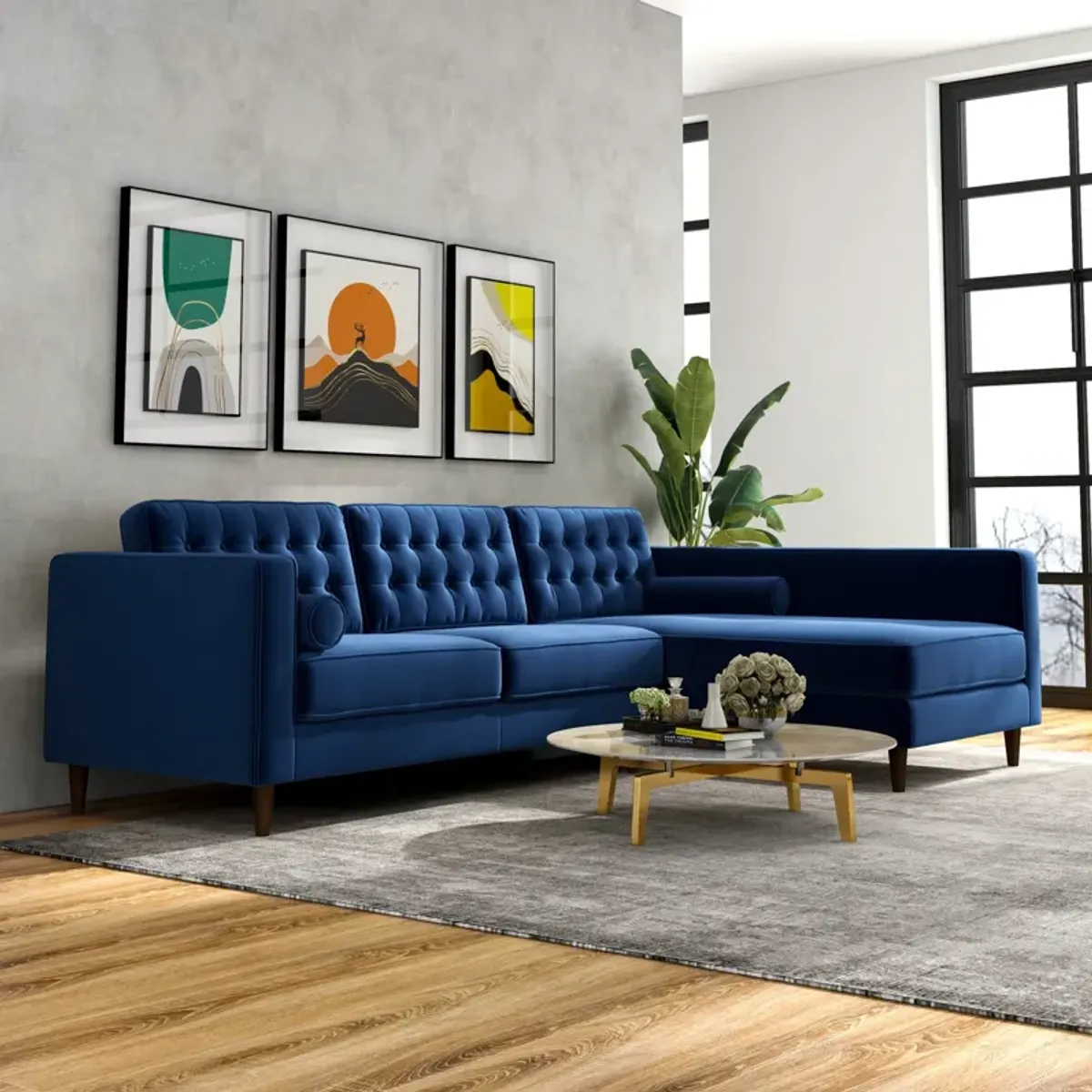 Olson Midnight Blue Velvet Sectional Sofa Right Chaise