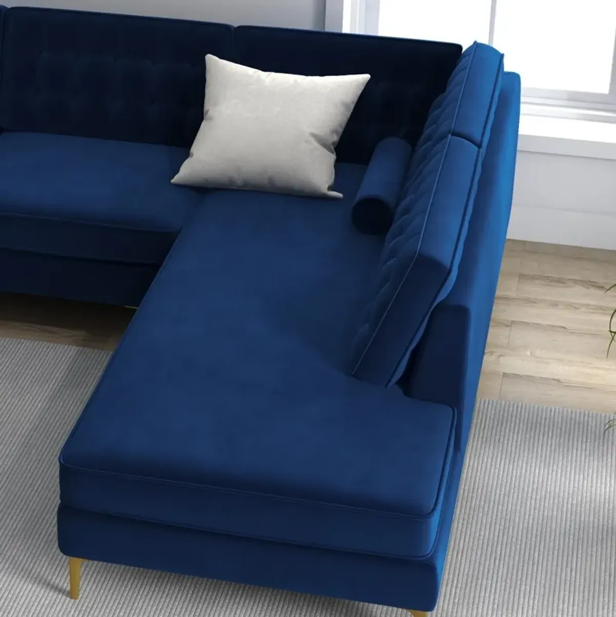 Caleb Blue Velvet Sectional Sofa Right Facing Chaise