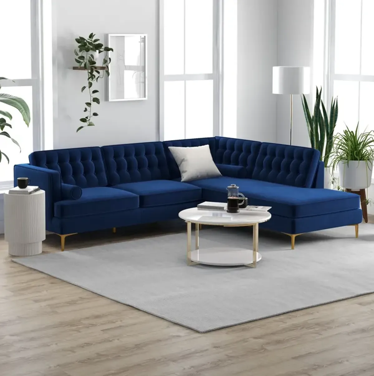 Caleb Blue Velvet Sectional Sofa Right Facing Chaise